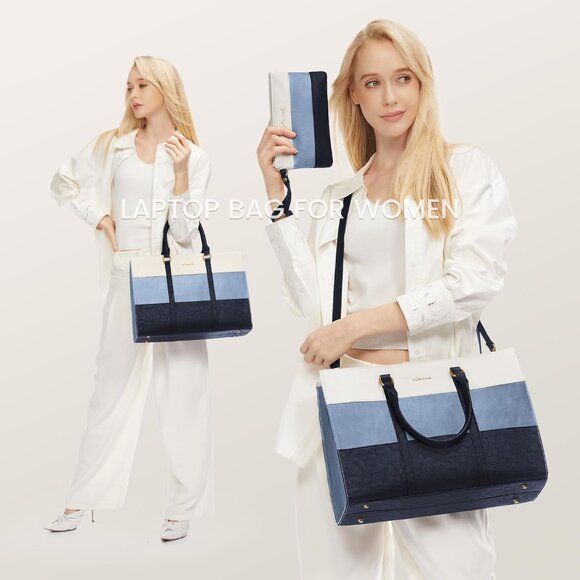 Vintage Leather 15.6 Inch White and Blue Women's Laptop Tote Bag with Clutch, Wa - Picture 2 of 8